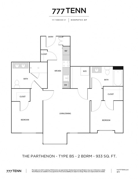 Floor plan for 2 beds, 2 baths, 933 sqft